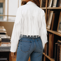 Jacket Polyester Western Fringe Cropped with Notched Lapel Collar