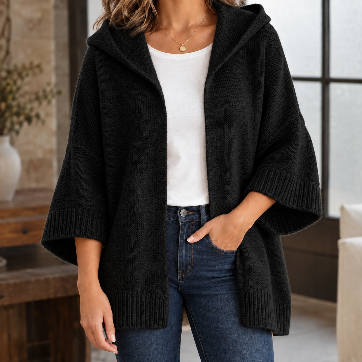 Cotton-Blend Hooded Cardigan with Easy Drape