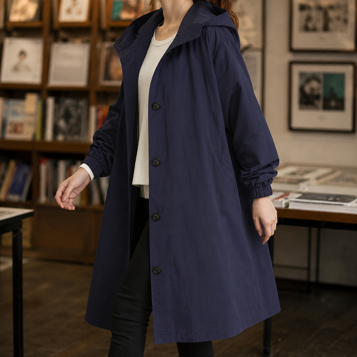 Hooded Coat Polyester Longline with Button Front and Side Pockets