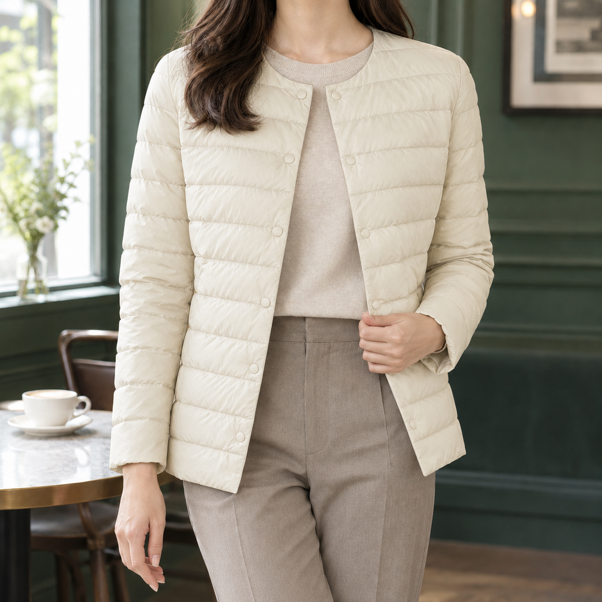 Quilted Jacket Lightweight Down Fill Slim with Collarless Neckline