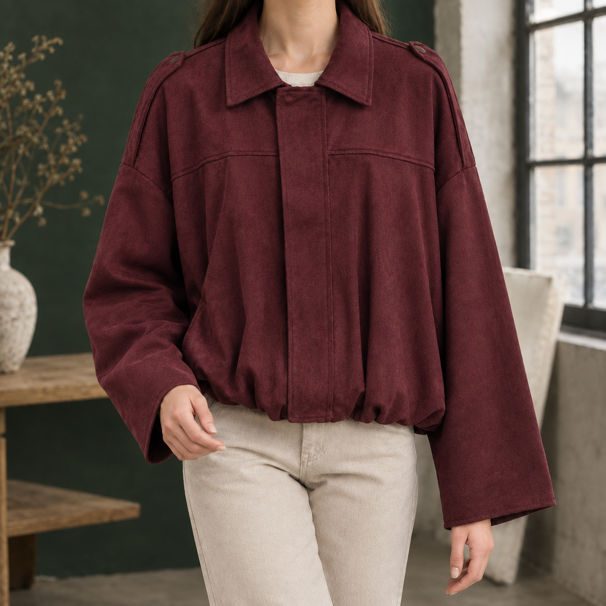 Bomber Jacket Faux Suede Loose Cropped with Concealed Zip, Bubble Hem