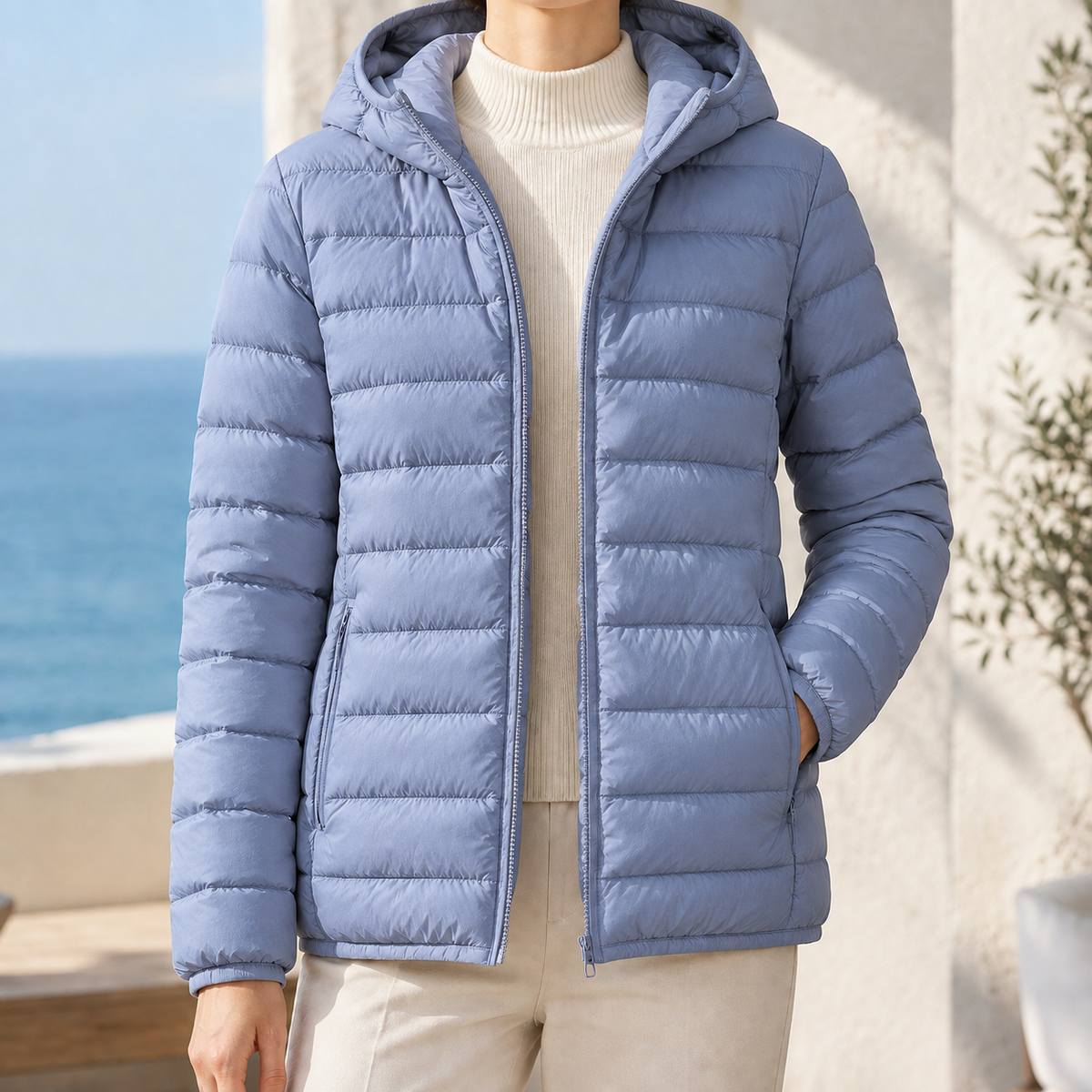 Puffer Jacket White Duck Down Hooded with Horizontal Quilting and Zip