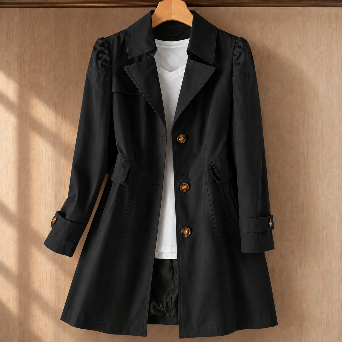 Trench Coat Cotton Blend Lightweight Tailored with Flared Hem