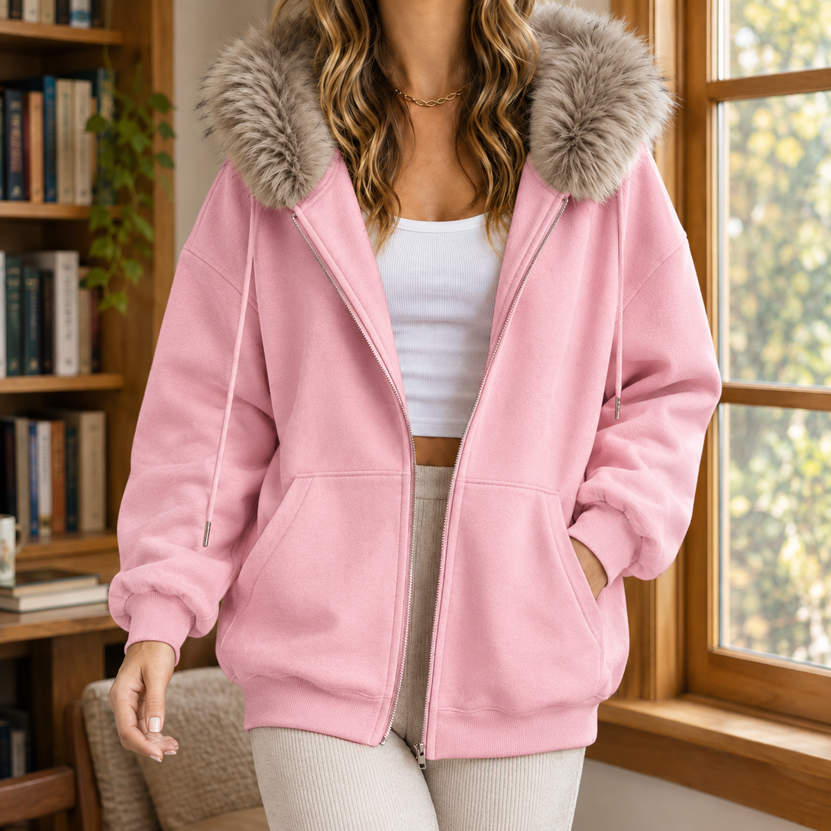 Faux Fur Trim Zip Hoodie