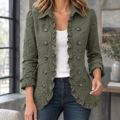 Jacket Polyester Fitted with Floral Appliqué, Twin Buttons and Ruffles