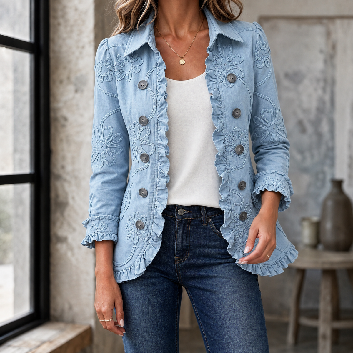 Embroidered Jacket Polyester Floral Appliqué with Ruffled Edges