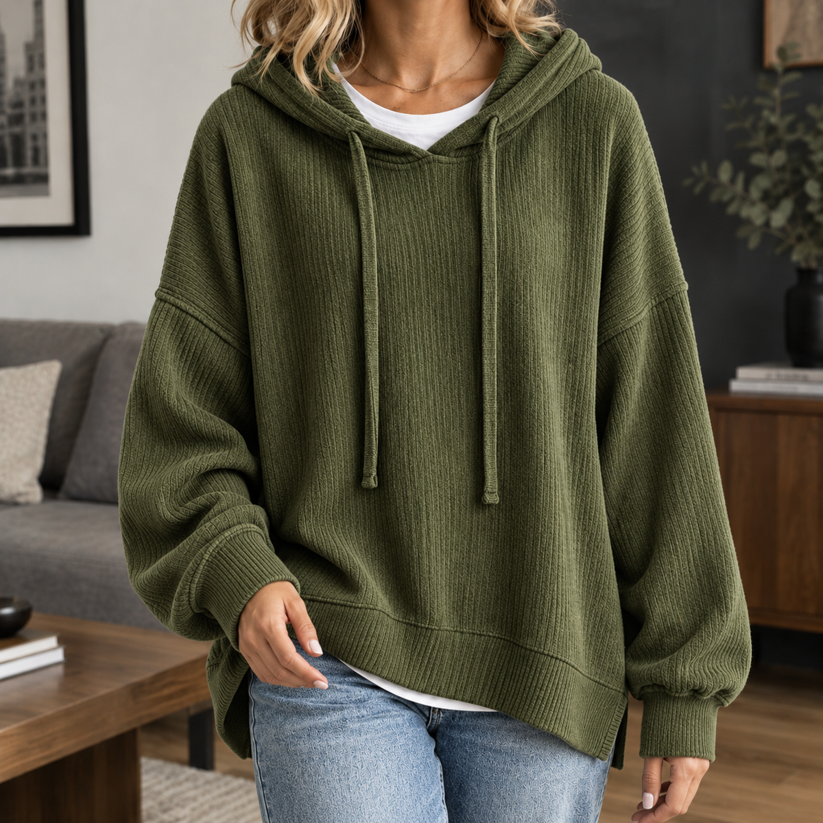 Ribbed Roomy Hoodie with Dropped Shoulders