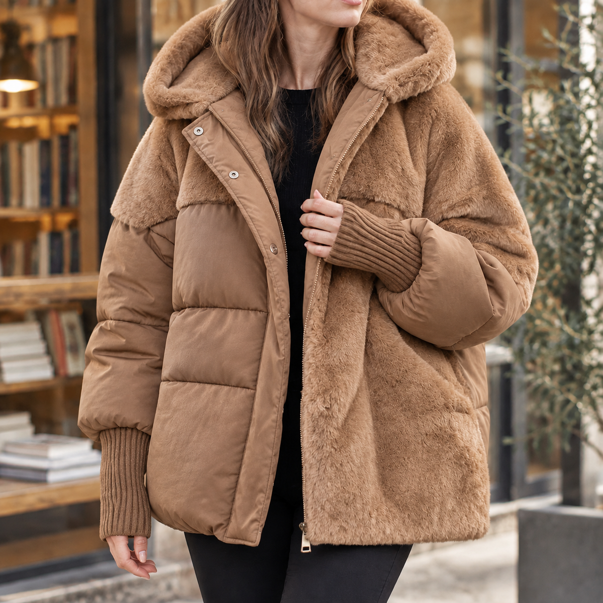 Panelled Jacket Cotton Blend with Plush and Quilted Panels and Hood