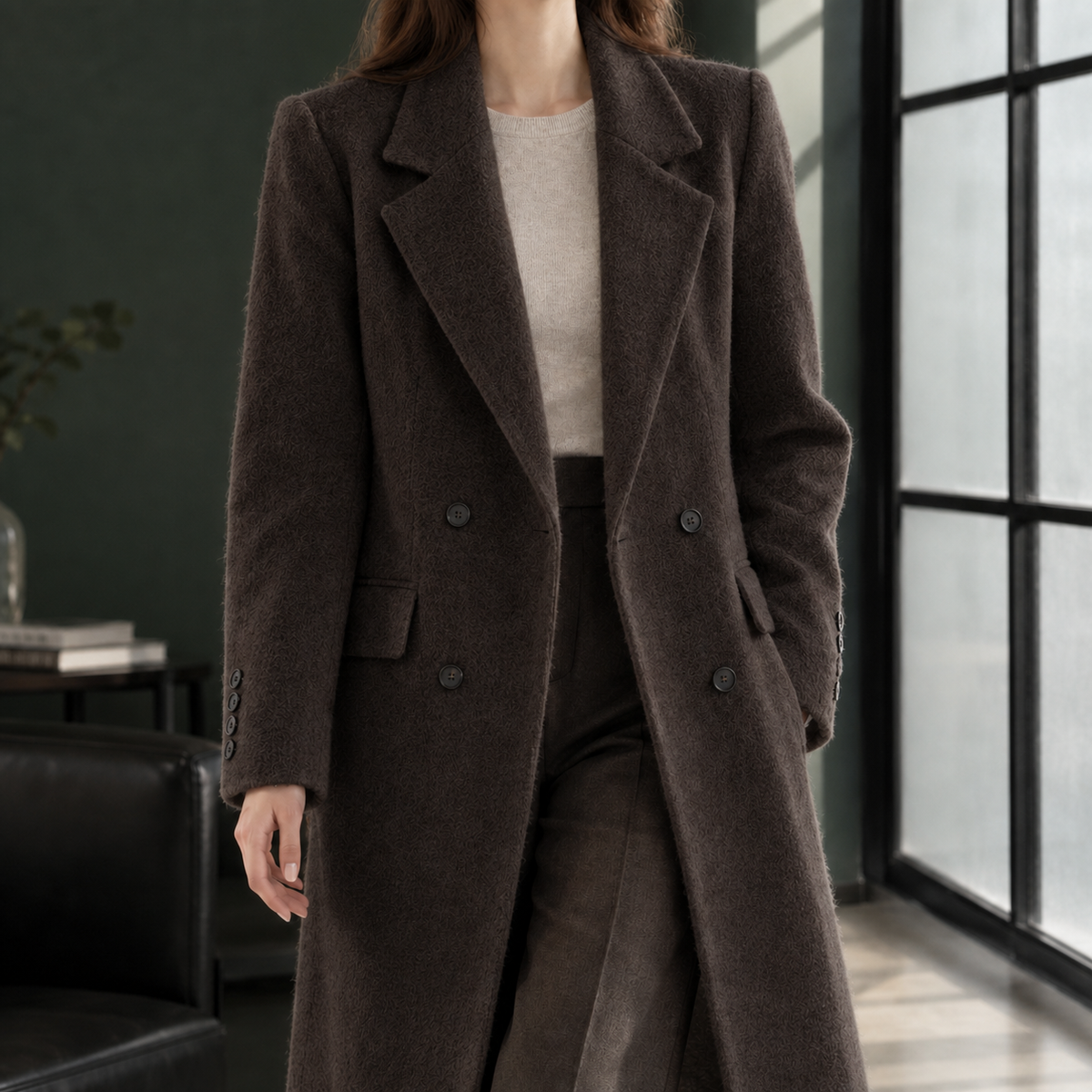 Coat Wool Blend Double-Breasted Long Straight with Wide Lapels