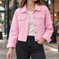 Denim Jacket Washed Cropped with Pearl-Like Studs and Pointed Collar