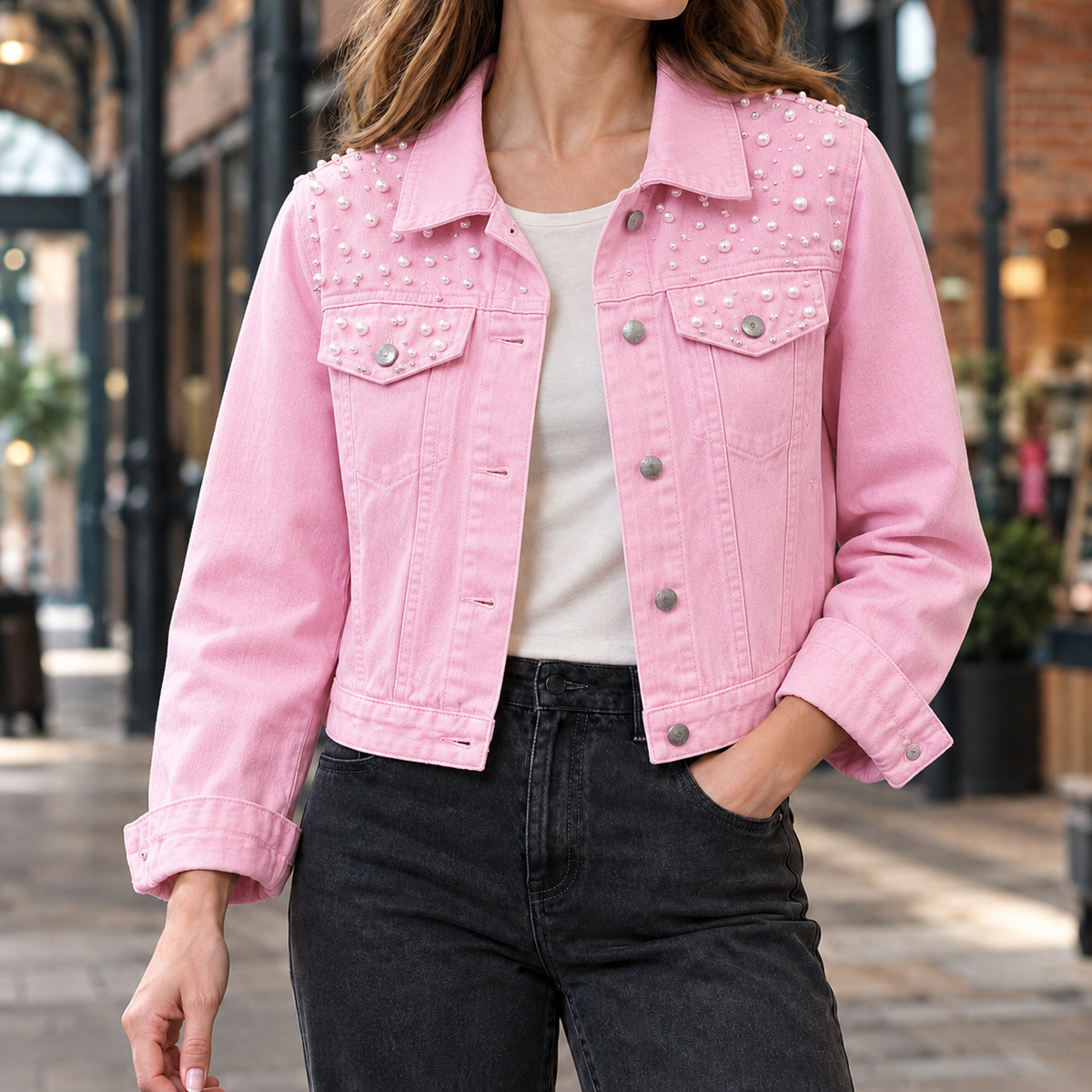 Denim Jacket Washed Cropped with Pearl-Like Studs and Pointed Collar