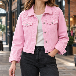 Denim Jacket Washed Cropped with Pearl-Like Studs and Pointed Collar