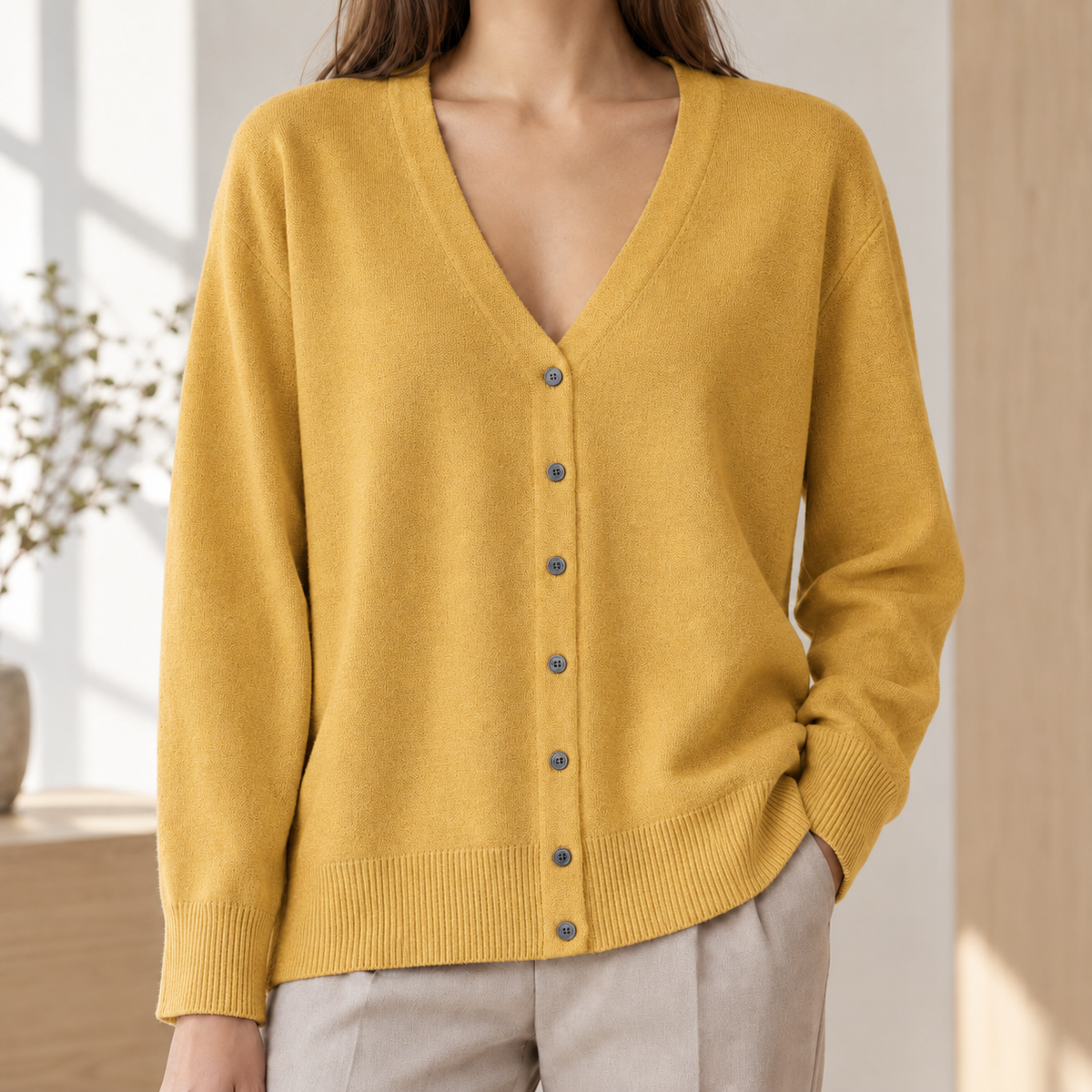 Cotton-Blend Button Cardigan with Deep V-Neck