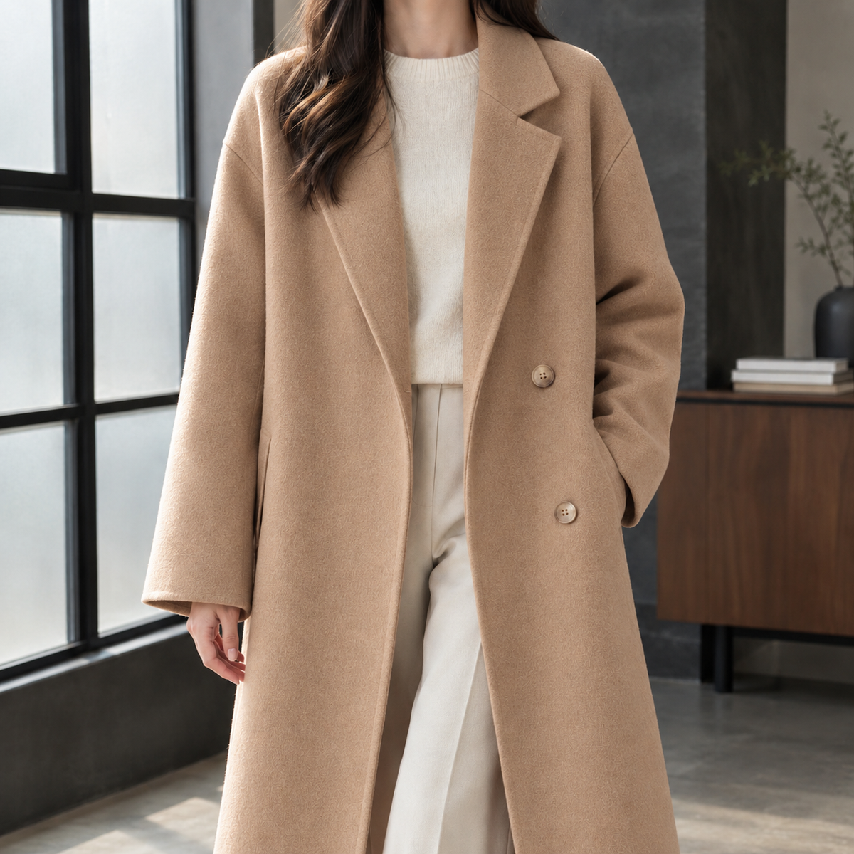 Coat Wool Blend Double-Breasted Long Loose with Notched Lapels