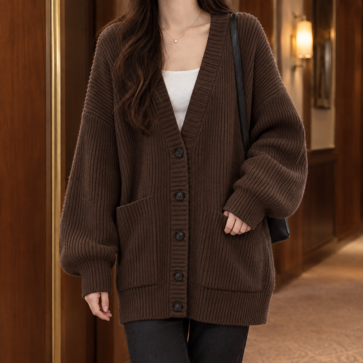 Chunky Ribbed Cardigan with Dropped Shoulders