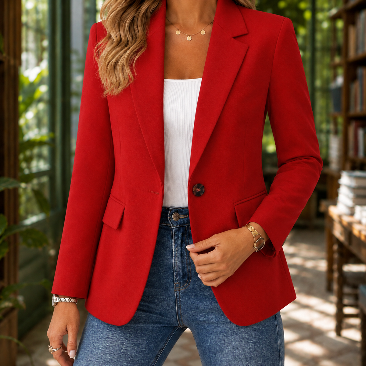 Blazer Polyester Tailored Hip-Length Cut with Notched Lapels