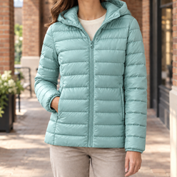 Quilted Jacket Cashmere-Feel Slim Hip-Length with Fixed Padded Hood