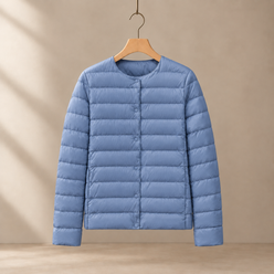 Quilted Jacket Lightweight Down Slim with Round Neck and Welt Pockets