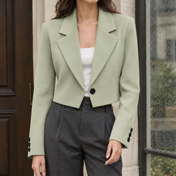 Blazer Polyester Cropped Loose Fit with Notched Lapels, Single Button