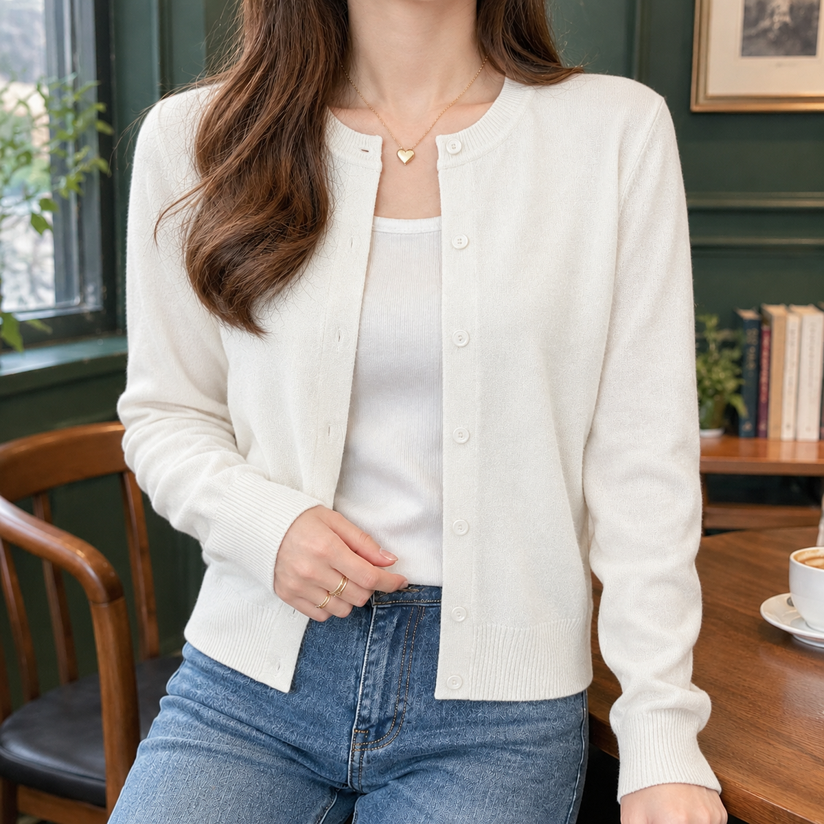 Fine Knit Cardigan with Tonal Buttons