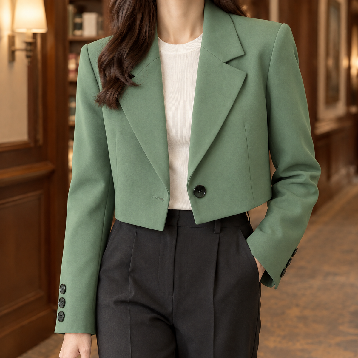 Blazer Polyester Cropped Tailored with Broad Notched Lapels