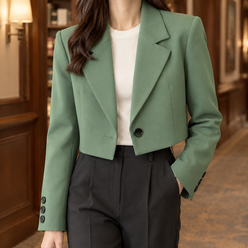 Blazer Polyester Cropped Tailored with Broad Notched Lapels