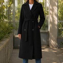 Overcoat Polyester Tailored Double-Breasted with Self-Tie Waist Belt