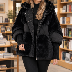 Jacket Cotton Plush and Quilted Panels Cocoon with Hood and Zip
