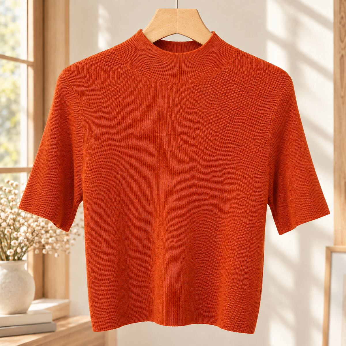 Finely Ribbed Lightweight Mock Neck Top