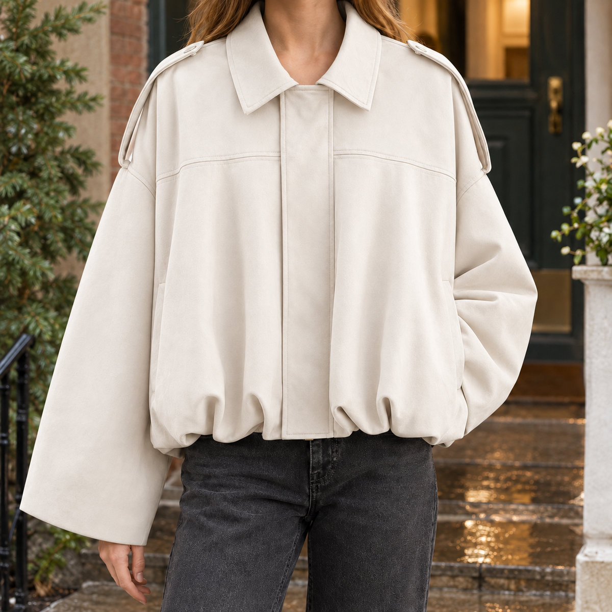Bomber Jacket Faux Suede Oversized with Batwing Sleeves and Zip