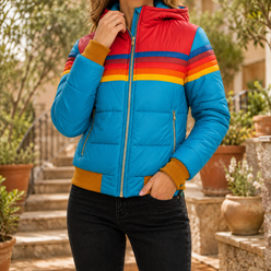 Quilted Colourblock Jacket Polyester with Hood and Zipped Pockets