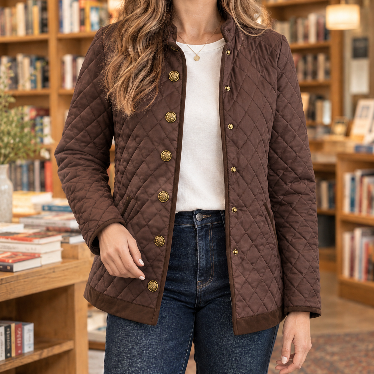 Quilted Jacket Polyester Diamond Quilting with Contrast Trim
