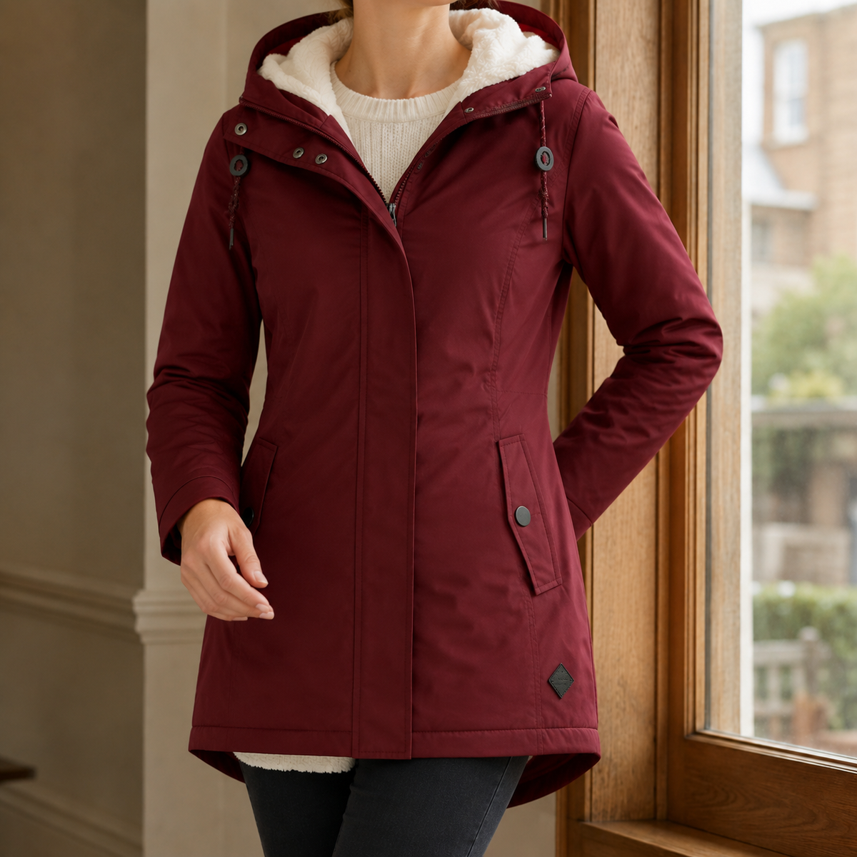 Parka Polyester Fitted with Pile-Lined Hood and Concealed Zip