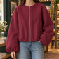 Collarless Jacket Polyester Short with Balloon Sleeves and Zip Front