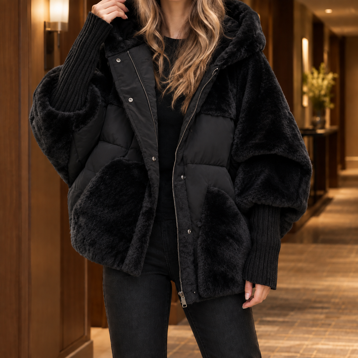 Hooded Jacket Cotton Blend Oversized with Plush and Quilted Panels