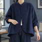 Stand Collar Jacket Cotton Relaxed with Button Front and High-Low Hem