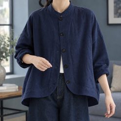 Stand Collar Jacket Cotton Relaxed with Button Front and High-Low Hem