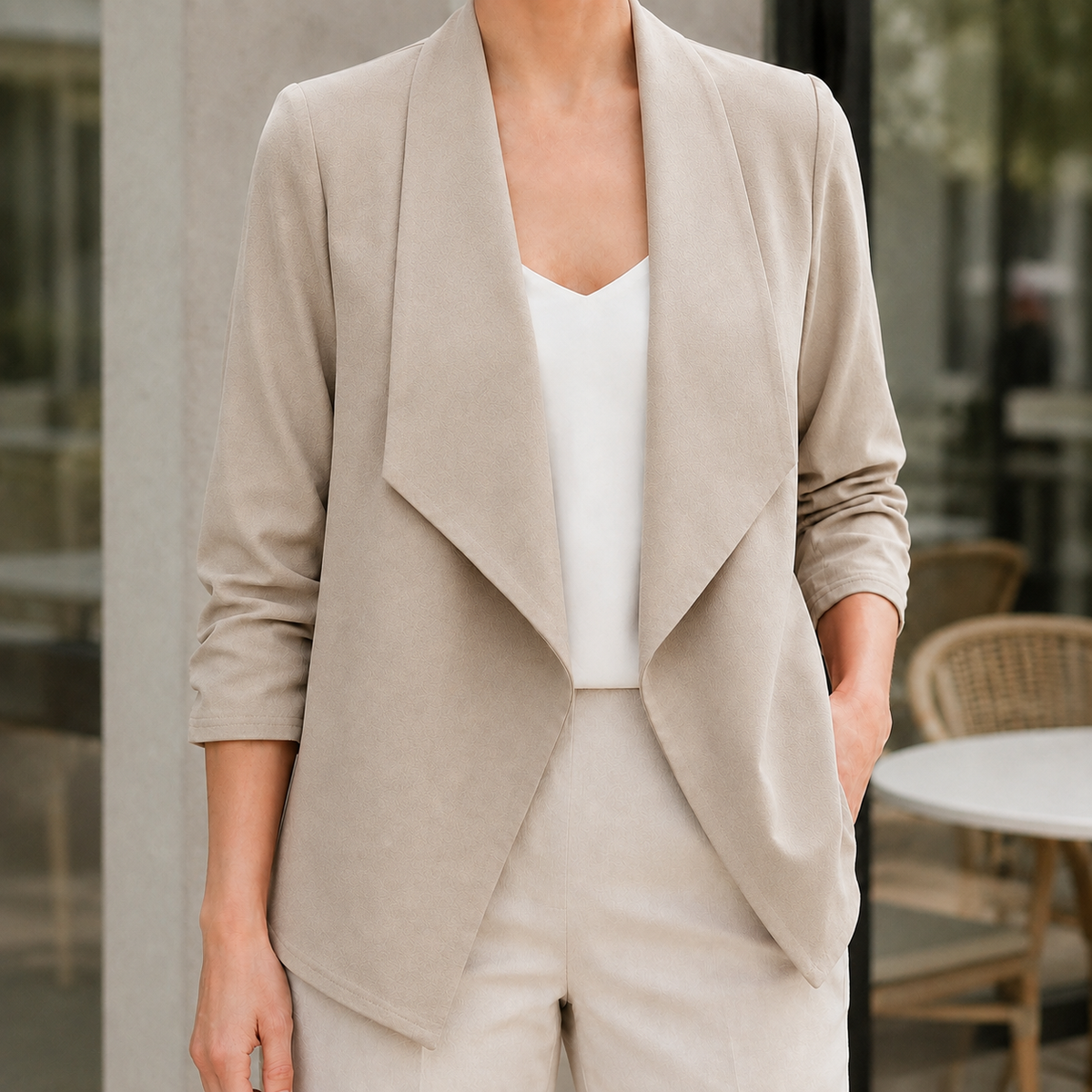 Blazer Polyester Draped Collarless with Open Front, Gathered Sleeves