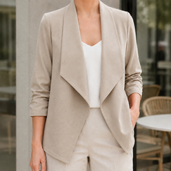 Blazer Polyester Draped Collarless with Open Front, Gathered Sleeves