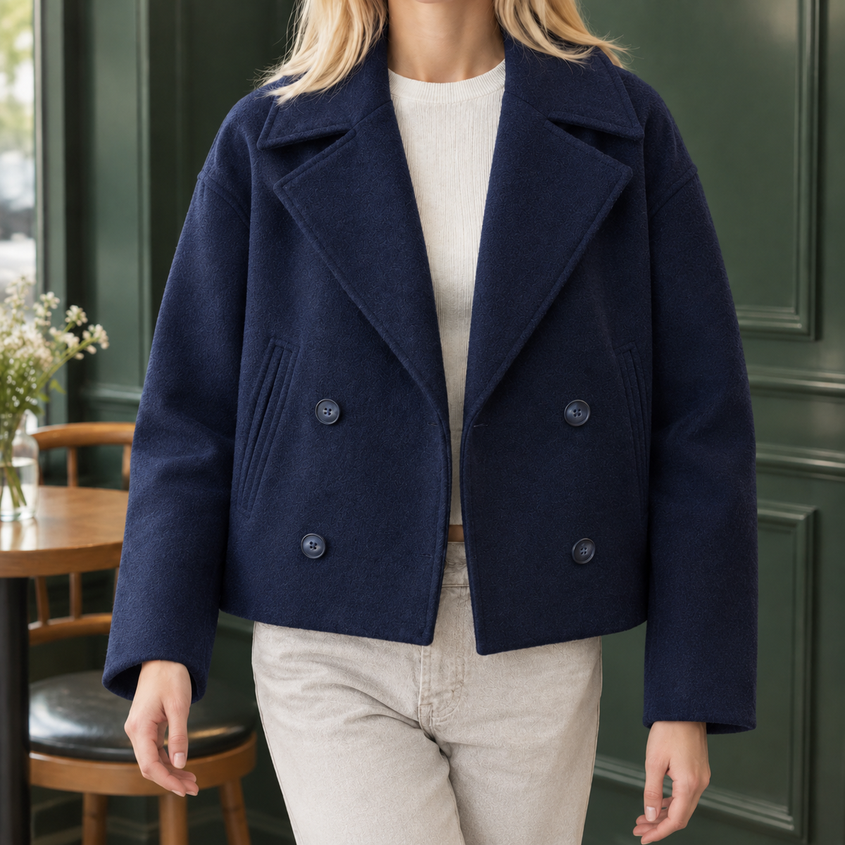 Jacket Wool Blend Double-Breasted Cropped Boxy with Welt Pockets