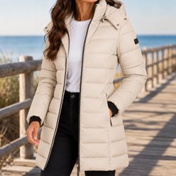 Quilted Jacket Polyester Longline with Hood, Full Zip and Side Pockets