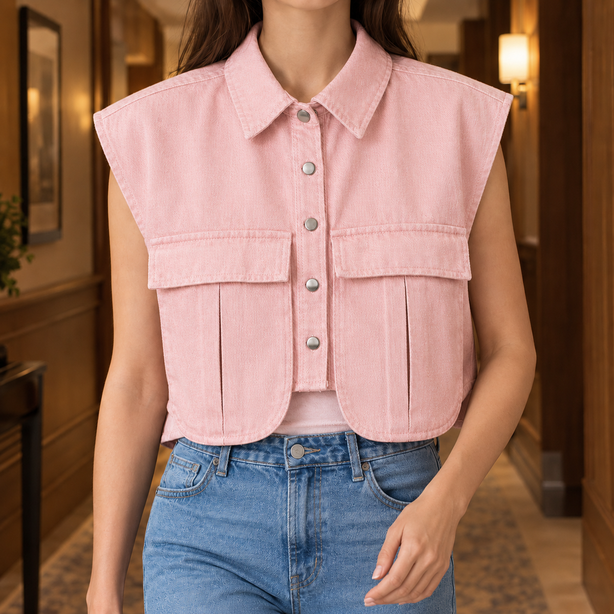 Cropped Denim Utility Top with Flap Pockets