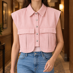 Cropped Denim Utility Top with Flap Pockets
