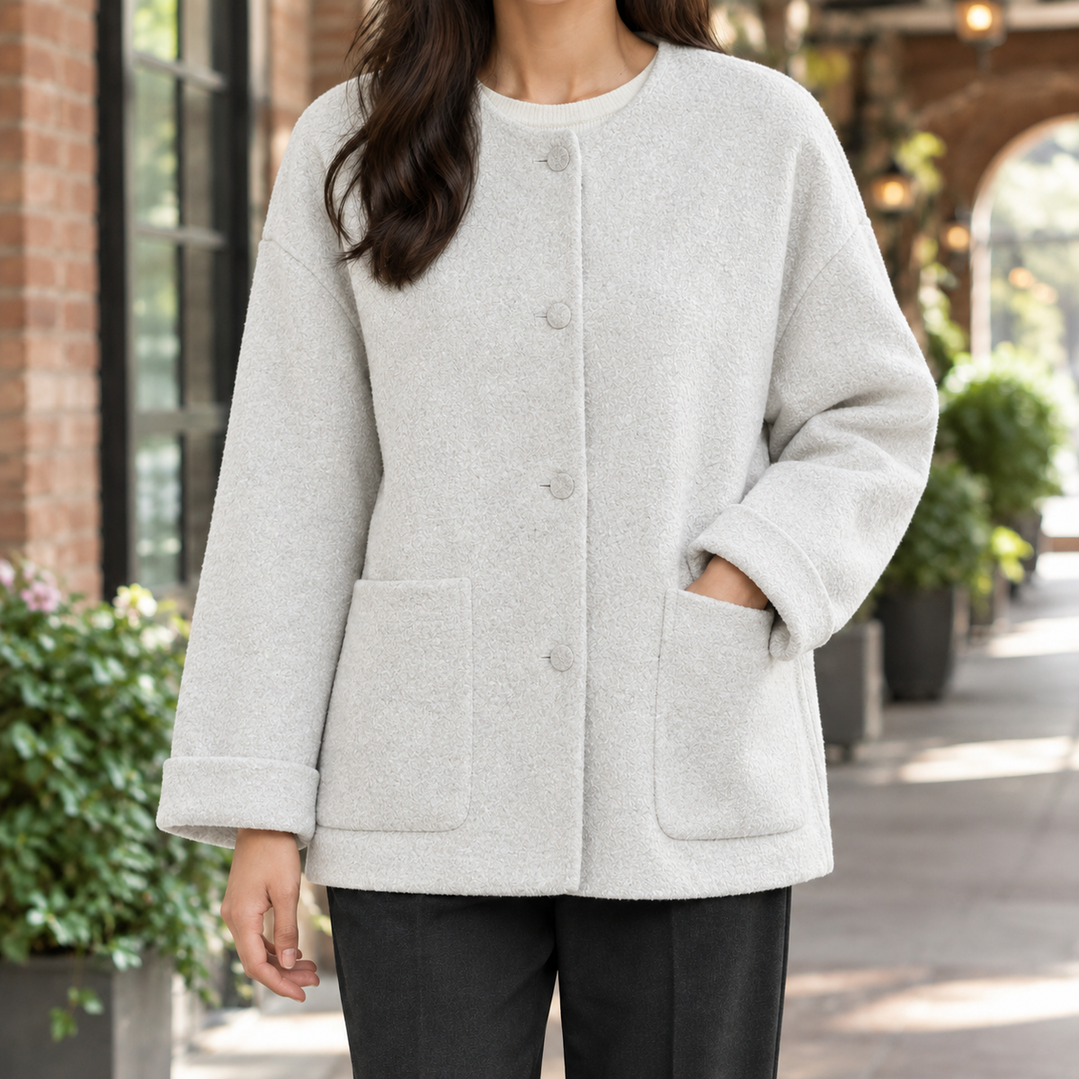 Jacket Wool Relaxed Short with Round Neckline and Covered Buttons