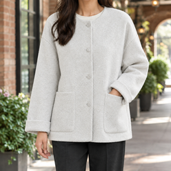 Jacket Wool Relaxed Short with Round Neckline and Covered Buttons