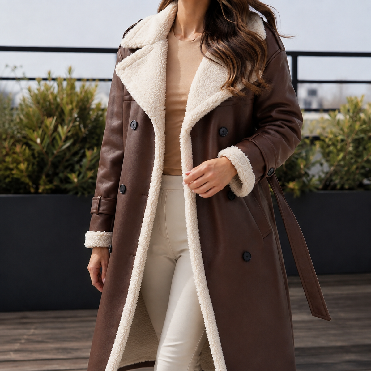 Coat Polyester Belted Longline with Plush Contrast Trim