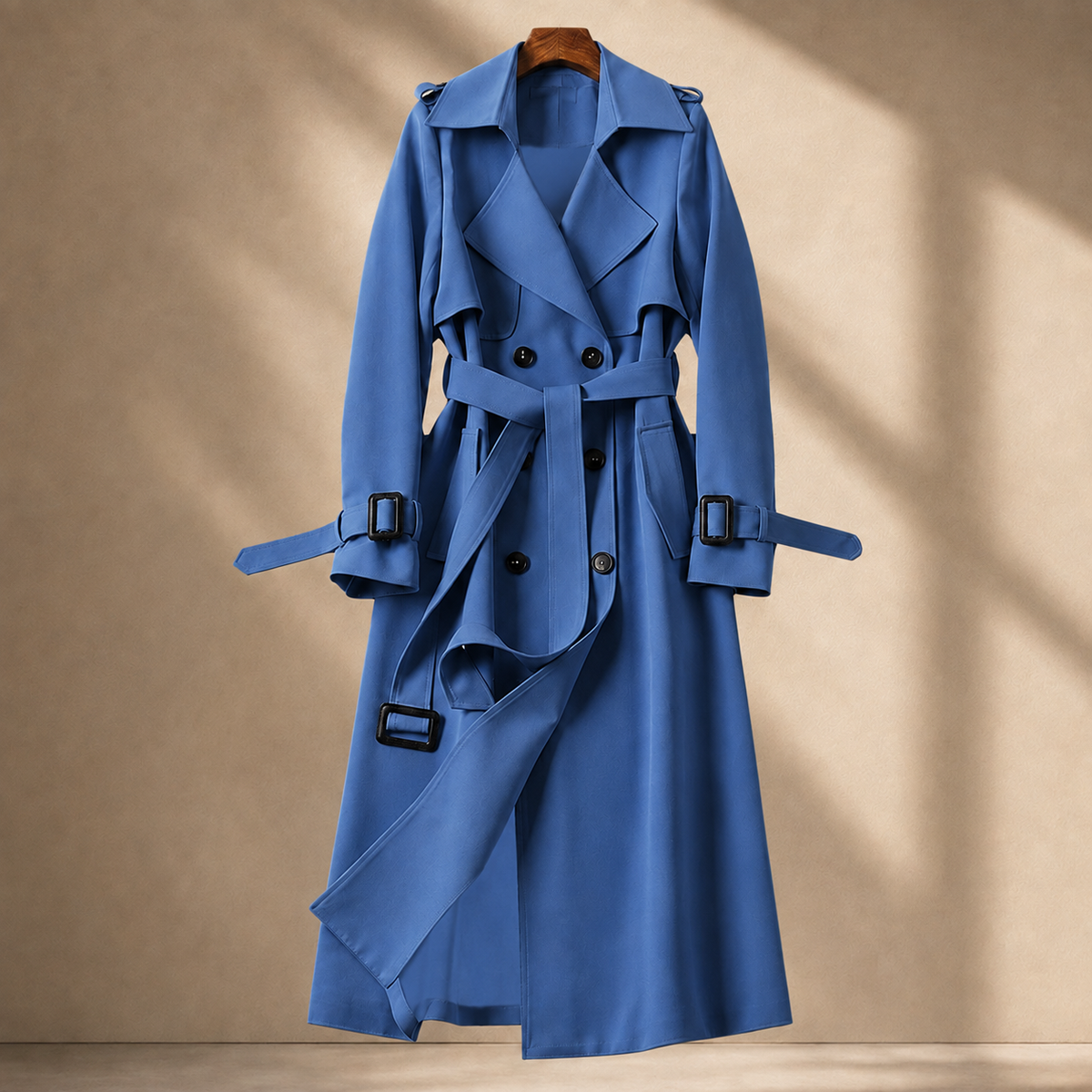 Overcoat Polyester Longline with Wide Lapels, Tie Belt and Cuff Straps
