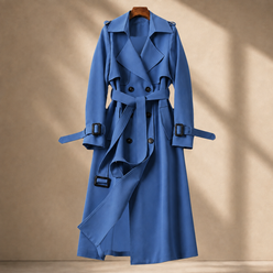 Overcoat Polyester Longline with Wide Lapels, Tie Belt and Cuff Straps