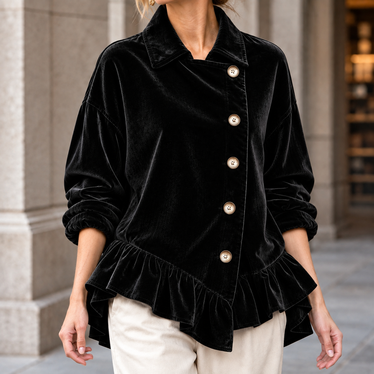 Jacket Polyester with Asymmetric Ruffle Hem and Button Front