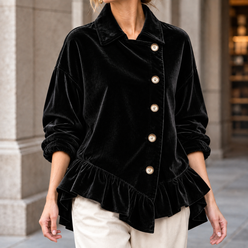 Jacket Polyester with Asymmetric Ruffle Hem and Button Front